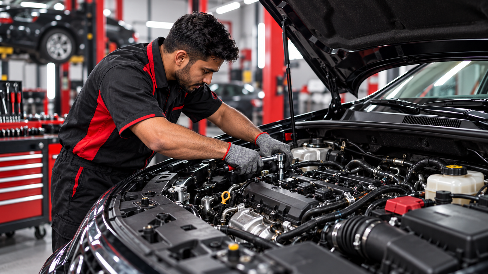 Mechanic servicing a car engine